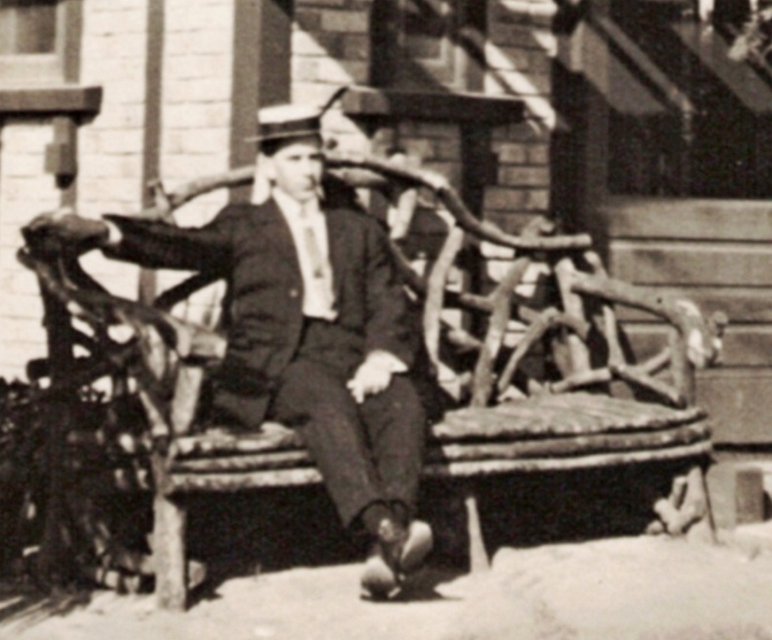 Cleon Gilfillen on bench at Mt. Washington Hotel LA CA 1913. This is blown up detail from photo.